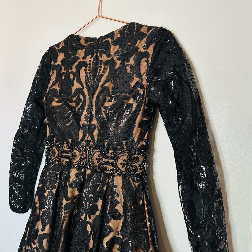 MAC DUGGAL Black Nude Sequin Lace Burnout Embellished A-Line Dress Size 4 NWT - Picture 15 of 16